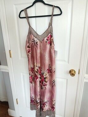 True Beauty By Emme Silky Floral Pink Slip Dress with Animal Trim Sexy Feminine